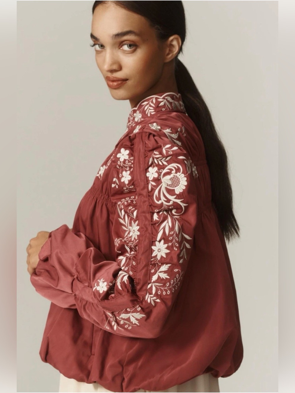 Anthropologie Embroidered Gathered Jacket XS EUC